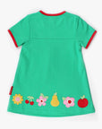 Premium green summer dress with short sleeves, organic cotton, fruit appliques, red trim, stylish Toby Tiger design by Toby Tiger at brixbailey.com