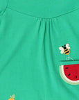 Premium green summer dress with short sleeves, organic cotton fruit applique, stylish red trim, Toby Tiger kids fashion by Toby Tiger at brixbailey.com
