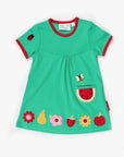 Premium summer dress green short sleeves organic cotton fruit applique stylish red trim GOTS certified eco-friendly by Toby Tiger at brixbailey.com