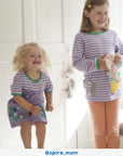 Organic Kids T-Shirt Dress with Spring Floral Appliques and Striped Top in Lilac and Green by Toby Tiger at brixbailey.com