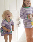 Organic Kids T-Shirt Dress with Floral Appliques, Striped Top, and Lilac Background for Spring Style by Toby Tiger at brixbailey.com
