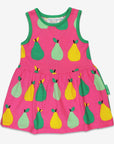 Organic pear print summer dress, stylish pink sleeveless kids dress, soft GOTS-certified cotton, trending floral fruit pattern, premium handcrafted boho style by Toby Tiger at brixbailey.com