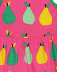 Organic pear print summer dress, stylish pink sleeveless kids dress, soft GOTS-certified cotton, trending yellow-green fruit pattern by Toby Tiger at brixbailey.com