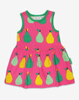 Organic pear print summer dress, stylish pink sleeveless kids dress, premium soft GOTS-certified cotton, trending yellow-green fruit motif by Toby Tiger at brixbailey.com