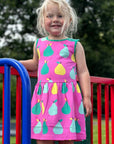 Organic pear print summer dress, stylish pink sleeveless kids dress, soft GOTS certified cotton, trendy yellow-green fruit pattern, flowing skirt by Toby Tiger at brixbailey.com