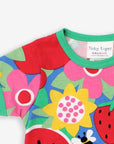 Premium baby short sleeve t-shirt with floral fruit print, soft organic cotton, snap button neck, stylish green trim, sustainable kids fashion by Toby Tiger at brixbailey.com