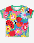 Premium baby short sleeve T-shirt with floral fruit print, soft organic cotton, snap neck, stylish green trim, best-selling sustainable kids fashion by Toby Tiger at brixbailey.com