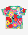 Premium baby short sleeve t-shirt with floral fruit print, soft organic cotton, snap button neck, sustainable kids fashion by Toby Tiger at brixbailey.com