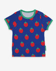 Premium baby tomato print short sleeve t-shirt, soft organic cotton, stylish Toby Tiger design, snap button closure, eco-friendly dyes by Toby Tiger at brixbailey.com