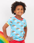 Premium turquoise rainbow print organic cotton kids t-shirt, soft GOTS certified, stylish colorful trim, snap buttons for infants by Toby Tiger at brixbailey.com