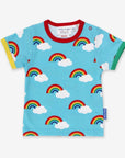 Luxury turquoise rainbow print organic cotton kids t-shirt, soft GOTS certified, stylish colorful trim, snap buttons for toddlers by Toby Tiger at brixbailey.com