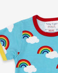 Premium turquoise rainbow print kids t-shirt, soft organic cotton, stylish colorful trim, snap buttons, GOTS certified, trendy playful design by Toby Tiger at brixbailey.com