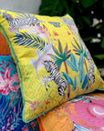 Vibrant citrus yellow watercolour art Cushion 'Stallion' double sided Zebra design, made from Vegan friendly Suede