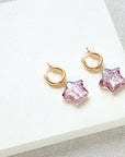 Celestial glass star hoop earrings, luxury aubergine gold plated huggie hoops with french lock, stylish cosmic jewelry by Lezzeri at brixbailey.com