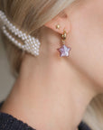 Luxury celestial glass star hoop earrings, aubergine gold plated, stylish huggie hoops with french lock, trending best-selling cosmic jewelry by Lezzeri at brixbailey.com
