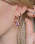 Luxury celestial glass star hoop earrings, aubergine gold plated, stylish huggie hoops with french lock, best-selling cosmic jewelry by Lezzeri at brixbailey.com