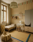 playful vintage stripe wallpaper in a sunlit kids room with whimsical wave pattern