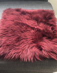 Luxury British sheepskin square seat cover, 37cm burgundy, premium free-range organic sheepskin, handcrafted, sustainable, hypoallergenic by Wildash London at brixbailey.com