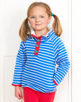 Premium organic blue Breton fleece sweatshirt for kids, cozy winter warmer with soft cotton collar and hidden pockets by Toby Tiger at brixbailey.com