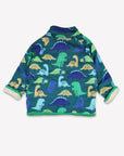 Premium kids fleece sweatshirt with dinosaur print in green, gray, and blue tones, soft organic cotton lining, stylish and cozy by Toby Tiger at brixbailey.com