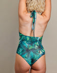 Tan Through Halterneck Swimsuit Tropical Palm Green