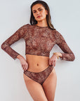 Tan Through Long Sleeve Bikini Set Mini Feline Print