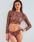 Tan Through Long Sleeve Bikini Set Mini Feline Print