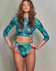 Tan Through Long Sleeve Bikini Set Tropical Palm Green