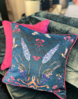 Teal cushion with watercolour botanical art 'Serene' double sided square design