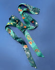 Teal Silk satin 'Morpho' Ultra Skinny silk scarf with butterflies and flowers