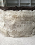 Luxury Cossack shearling pouffe, round upcycled sheepskin footstool, occasional seat or side table, champagne and conker, premium handmade decor by Wildash London at brixbailey.com