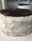 Luxury Cossack shearling pouffe, round upcycled sheepskin footstool, side table, modern traditional decor, champagne conker, handmade in England by Wildash London at brixbailey.com