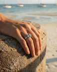 Tidewashed Sky Blue Topaz Ring – Octagonal Gemstone & Hammered Band