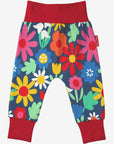 Premium organic cotton kids yoga pants with floral snowdrop daisy tulip print, stylish dark blue, comfortable waist ankle cuffs, GOTS certified by Toby Tiger at brixbailey.com