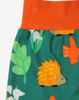 Bright colorful organic kids yoga pants with hedgehog bird leaf snowdrop autumn print, premium soft GOTS certified cotton by Toby Tiger at brixbailey.com