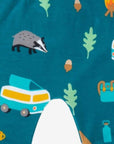Premium kids yoga pants with campervan print, soft organic cotton, comfortable stretch fit, autumn forest design, contrasting orange waistband by Toby Tiger at brixbailey.com