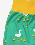 Premium organic cotton kids yoga pants with duck print, playful green and yellow, comfy fold-over waistband, GOTS certified by Toby Tiger at brixbailey.com