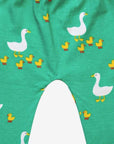 Premium organic cotton kids yoga pants with duck print, playful green and yellow, soft GOTS-certified fabric, comfortable waistband and cuffs by Toby Tiger at brixbailey.com