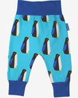 Premium baby blue organic cotton yoga pants with penguin print, elastic waistband, ankle cuffs, soft stretchy fabric, GOTS certified by Toby Tiger at brixbailey.com
