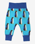 Premium baby blue organic cotton yoga pants with penguin print, elastic waistband, ankle cuffs, soft GOTS-certified fabric by Toby Tiger at brixbailey.com