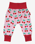 Premium organic cotton kids yoga pants with cherry print, stylish contrast waistband, comfortable roll-up cuffs, GOTS certified, machine washable by Toby Tiger at brixbailey.com