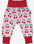 Premium organic cotton kids yoga pants with cherry print, stylish fold-over waistband, comfortable and trendy by Toby Tiger at brixbailey.com