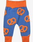 Stylish Dark Blue Yoga Pants with Pretzel Print for Kids, Comfortable Elastic Waistband, Organic Cotton Baby Yoga Outfit by Toby Tiger at brixbailey.com