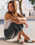 Premium white vegan sandals YANG, monochrome, comfortable straps, soft footbed, slip-resistant sole, durable, fair European fashion by Fünve at brixbailey.com