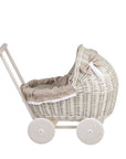 Whitewashed Wicker Doll Pram with Soft Beige Bedding
