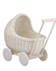 Whitewashed Wicker Doll Pram with Soft Beige Bedding