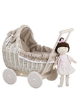 Whitewashed Wicker Doll Pram with Soft Beige Bedding