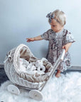Whitewashed Wicker Doll Pram with Soft Beige Bedding