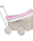 Whitewashed Wicker Doll Pram with Pink Bedding