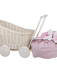 Whitewashed Wicker Doll Pram with Pink Bedding